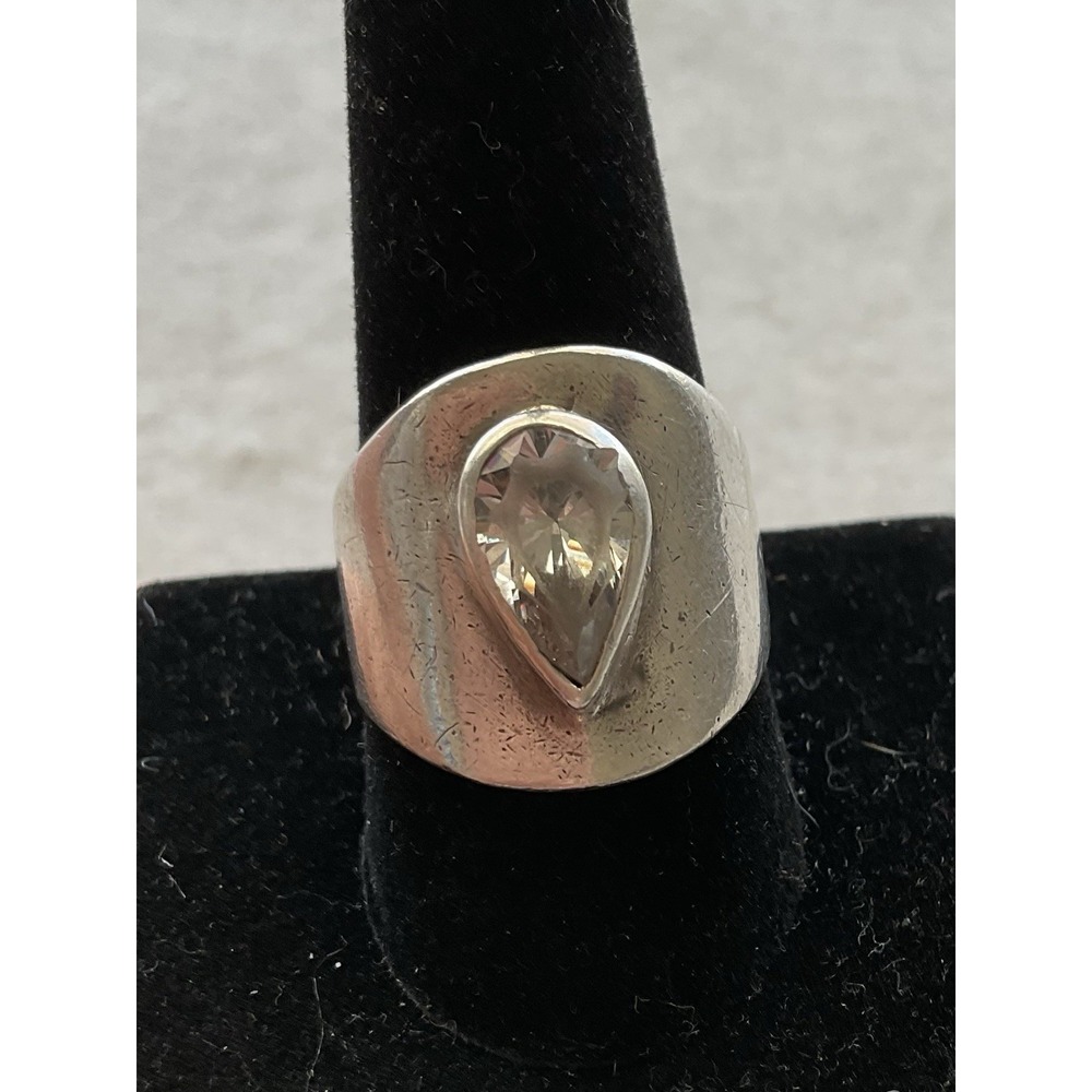vintage sterling silver ring Wide Band Size 10 Teardrop Clear Stone Estate Jewel